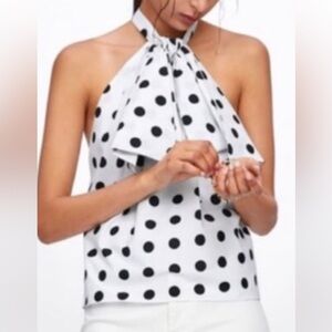 Zara White and Black Polka Dot Halter Neck Top Size XL